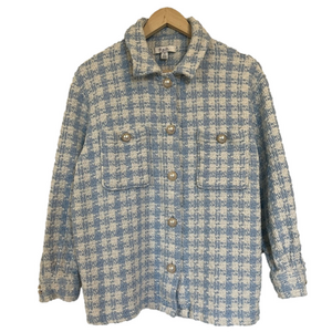 Houndstooth Textured Overshirt Light Blue White Old Money Aesthetic Faux Pearl